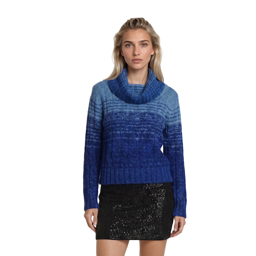 Boston Proper Cowl Neck Sweater Women's Size Medium Blue Ombre Cable Y2K